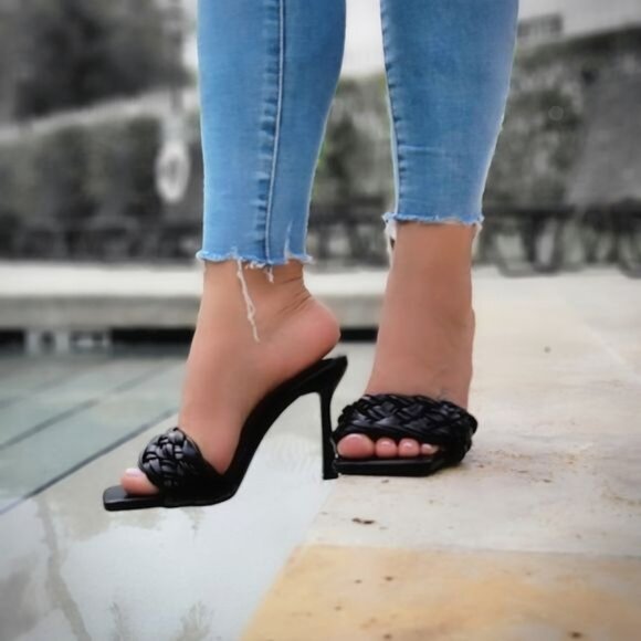 Black Braided Square Toe Sandals Slip On - Picture 5 of 5